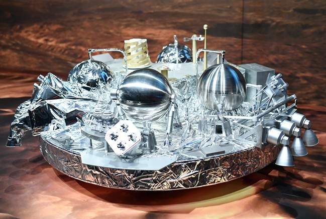 A model of Schiaparelli,  the Mars landing device, on display at the European Space Agency, ESA, in Darmstadt, Germany Wednesday Oct. 19, 2016. 
