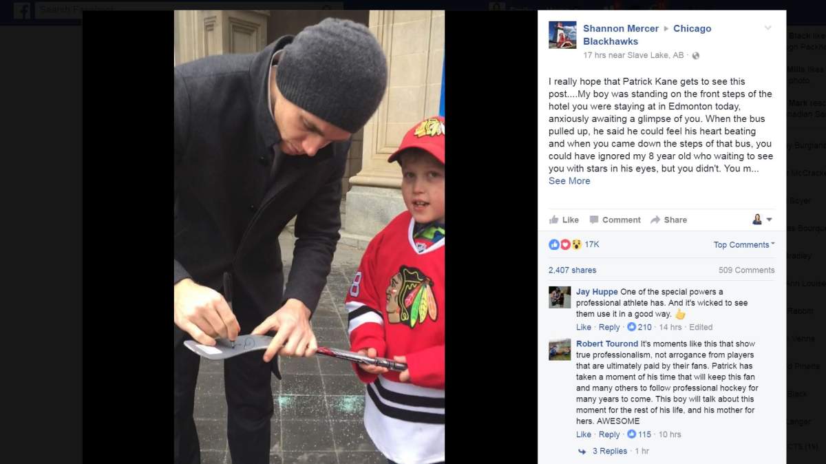 Shannon Mercer shared this photo and message to the Chicago Blackhawks on Monday, Nov. 21, 2016.