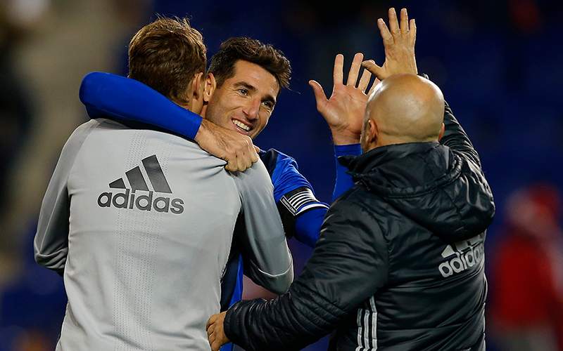 Montreal Impact midfielder Ignacio Piatti, center, celebrates after defeating the New York Red Bulls 2-1 during an MLS Eastern Conference Semifinal soccer match at Red Bull Arena in Harrison, N.J., Sunday, Nov. 6, 2016. 