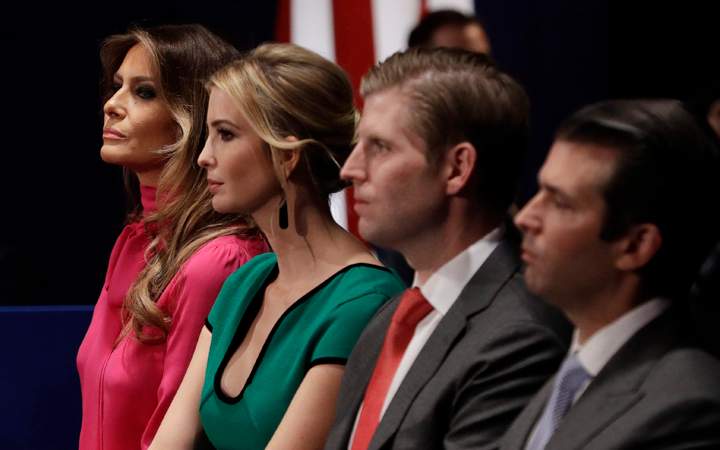 Melania Trump, Ivanka Trump, Eric Trump and Donald Trump, Jr. wait for the second presidential debate between Republican presidential nominee Donald Trump and Democratic presidential nominee Hillary Clinton at Washington University in St. Louis. 