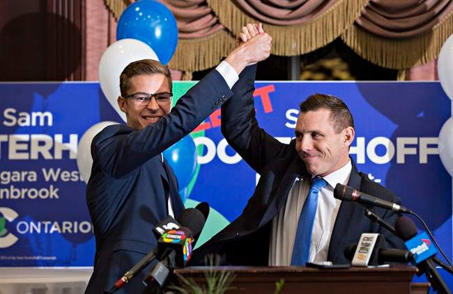 19-year-old Progressive Conservative candidate Sam Oosterhoff, left, and Ontario PC leader Patrick Brown, celebrate Oosterhoff winning the byelection in Niagara-West Glanbrook, becoming Ontario's youngest-ever MPP, Thursday, November 17, 2016 in Grimsby.