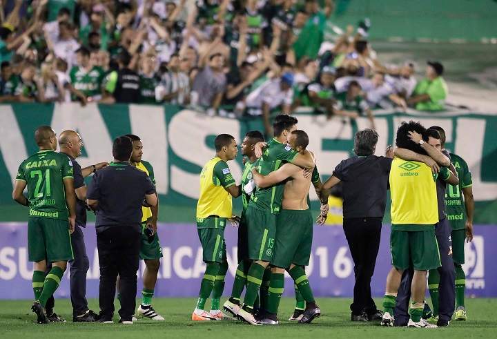 In this Wednesday, Nov. 23, 2016 file photo, players of Brazil’s Chapecoense celebrate at the end of a Copa Sudamericana semifinal soccer match against Argentina’s San Lorenzo in Chapeco, Brazil.