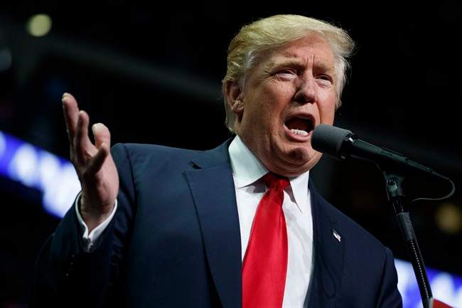 In this Nov. 4, 2016 file photo, Republican presidential candidate Donald Trump speaks during a campaign rally in Hershey, Pa.