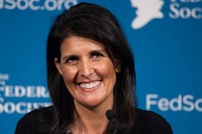 South Carolina Gov. Nikki Haley smiles while speaking at the Federalist Society's National Lawyers Convention in Washington in this Nov. 18, 2016 photo.