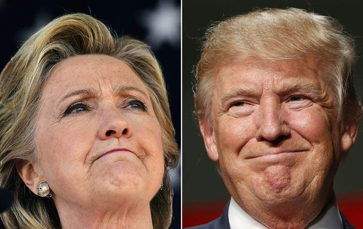 This combination of pictures created on November 03, 2016 shows US Democratic presidential nominee Hillary Clinton in Dade City, Florida, on November 1, 2016 and US Republican Presidential nominee Donald Trump in Warren, Michigan, October 31, 2016