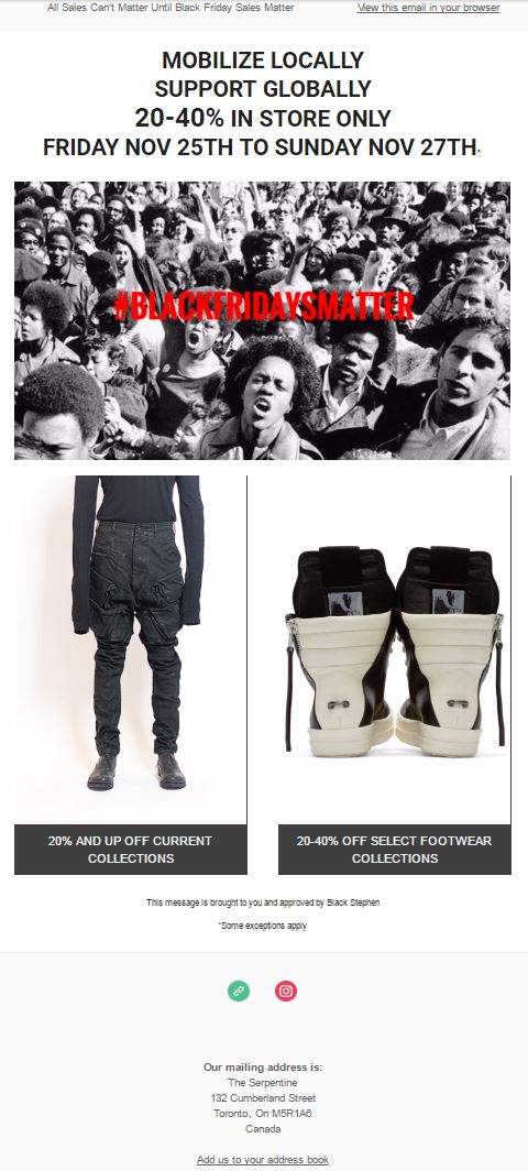 A screenshot of an email promotion featuring the hashtag #BLACKFRIDAYSMATTER by The Serpentine, a Toronto boutique clothing store.