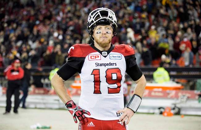 Calgary Stampeders quarterback Bo Levi Mitchell (19) walks off the field after losing the CFL Grey Cup game to the Ottawa Redblacks, Sunday, November 27, 2016 in Toronto.