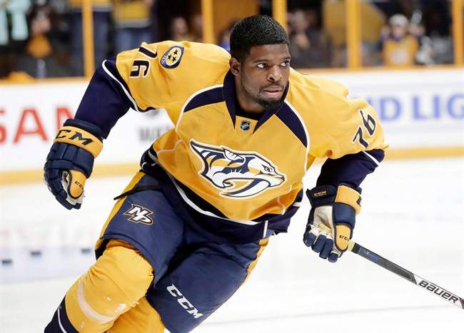 Nashville Predators defenceman P.K. Subban warms up before the team's NHL hockey preseason game against the Tampa Bay Lightning in Nashville, Tenn., Oct.1, 2016.