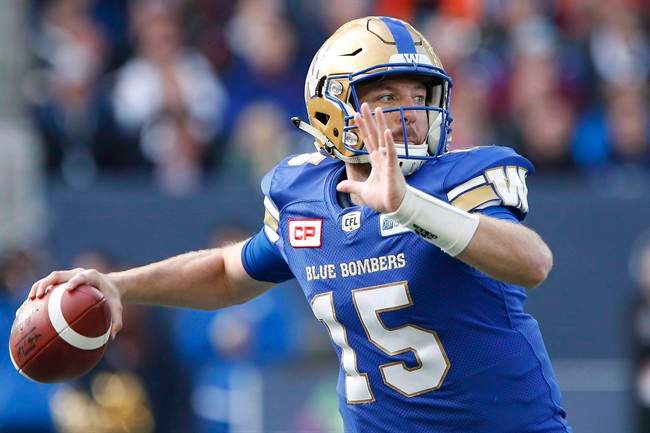 Winnipeg Blue Bombers quarterback Matt Nichols (15) throws against the B.C. Lions during the first half of CFL action in Winnipeg Saturday, October 8, 2016. Nichols and the Blue Bombers could give themselves some playoff clarity Friday night. 