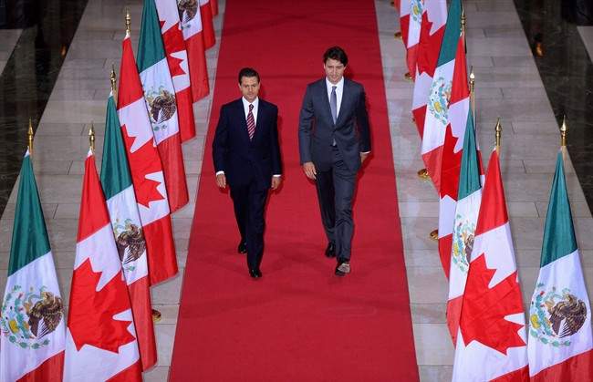 Prime Minister Justin Trudeau and Mexican President Enrique Pena Nieto walk down the Hall of Honour on Parliament Hill last June. 
