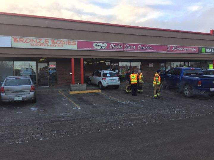 A car smashed into the front window of Tender Heart Child Care Center in northeast Edmonton Tuesday, Nov. 29, 2016.