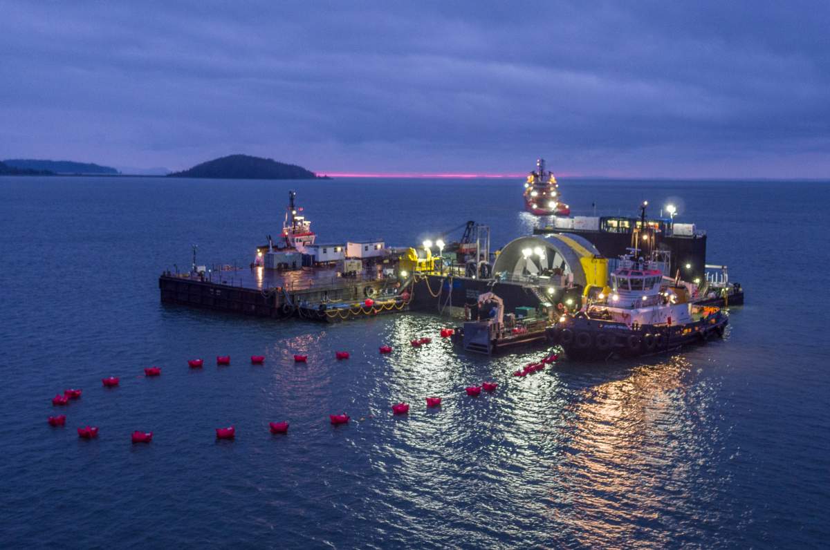 Crews working to install a massive tidal turbine in the Bay of Fundy on Sunday, Nov. 6, 2016. 