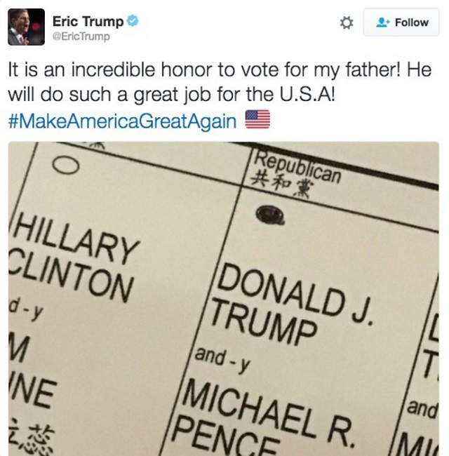 Eric Trump takes voting selfie, violates state law - image