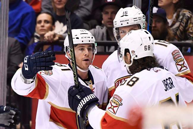 Florida Panthers centre Jonathan Marchessault (81) celebrates his goal against the Toronto Maple Leafs with teammates Aleksander Barkov (16) and Jaromir Jagr (68) during first period NHL hockey action in Toronto on Thursday, October 27, 2016. Edmonton forward Connor McDavid, Montreal defenceman Shea Weber and Florida centre Marchessault are the NHL’s three stars for October.