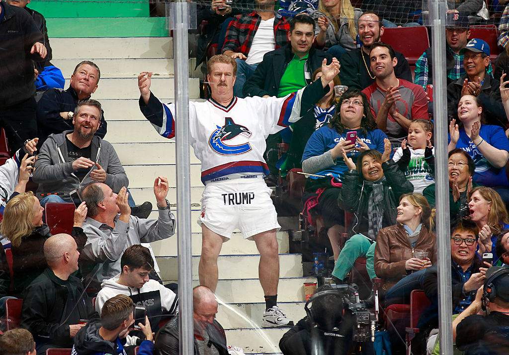 A Vancouver Canucks fan displays how he feels about Donald Trump during a March 16, 2016 game at Rogers Arena.