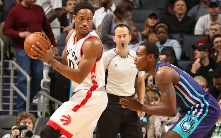 DeMar DeRozan of the Toronto Raptors handles the ball against the Charlotte Hornets on November 11, 2016 at Time Warner Cable Arena in Charlotte, North Carolina. 