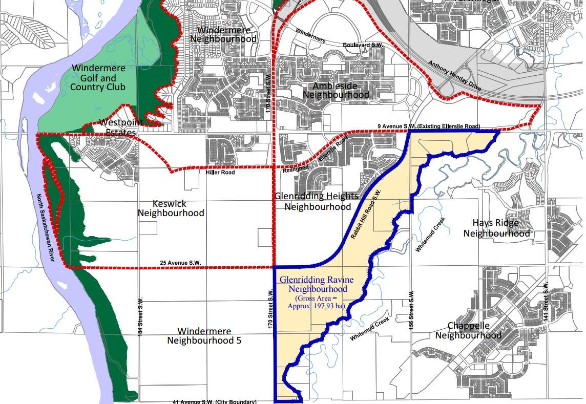 A map showing the Glenridding Ravine neighbourhood in the City of Edmonton.