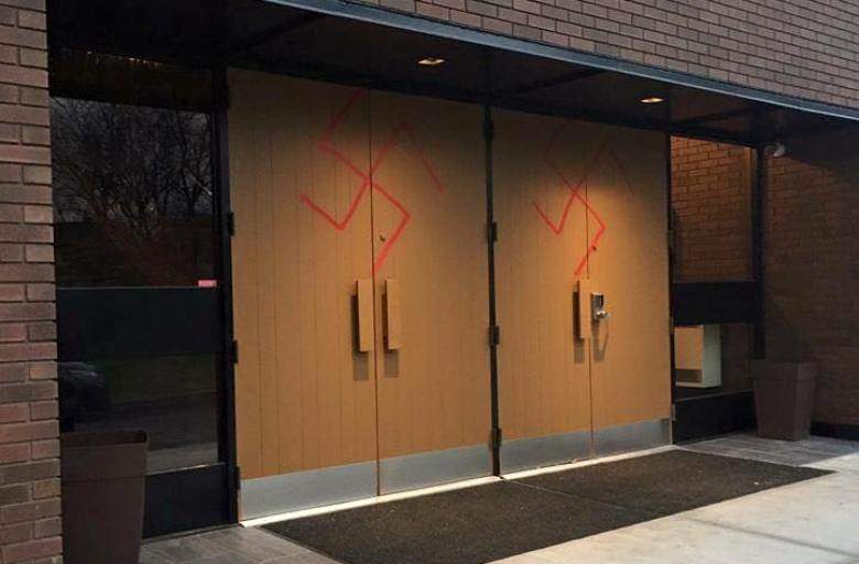 Swastikas are seen scrawled on the side of a synagogue in Alta Vista, just south of downtown Ottawa on Thursday, Nov. 17, 2016. Facebook image/Ashira Prizant