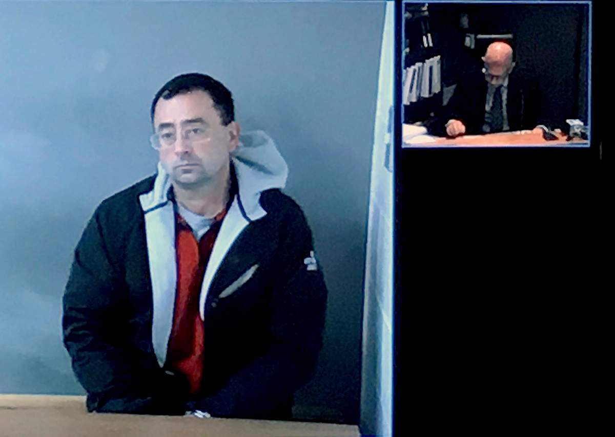 Larry Nassar appears via video link for his arraignment hearing Tuesday, Nov. 22, 2016, in Mason, Mich.