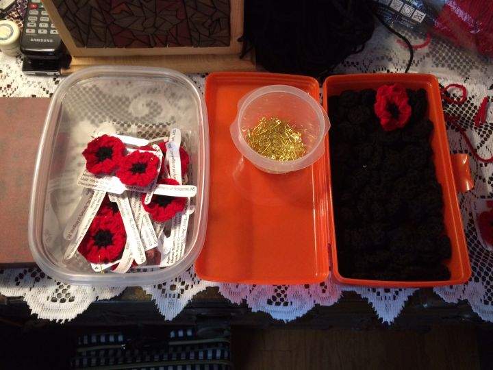 Allen’s materials to make crocheted poppies.