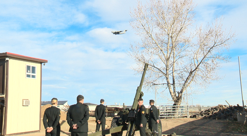 A C-17 Globemaster doing a flyover during Lethbridge Remembrance Day ceremonies Nov. 11, 2016.