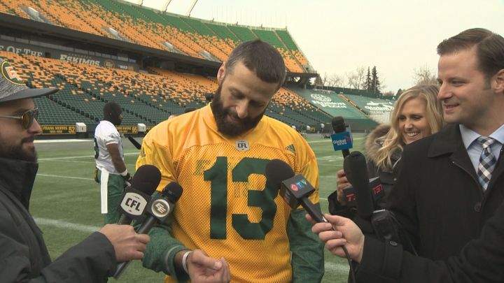 Edmonton Eskimos QB Mike Reilly was still wearing his hospital bracelet at practice Wednesday, Nov. 16, 2016 after welcoming a baby girl Monday night.