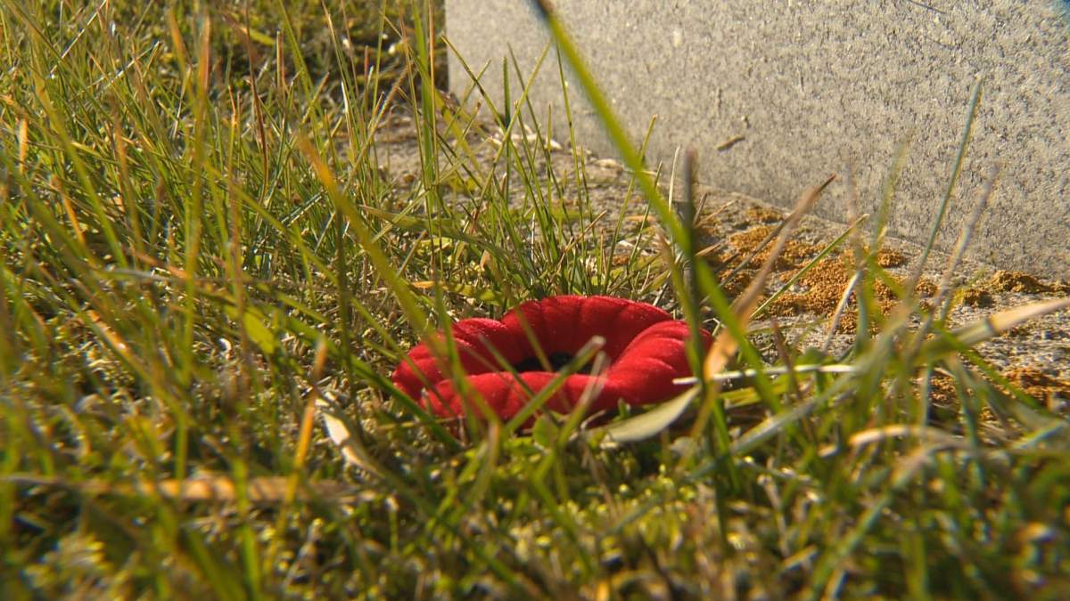 A poppy lays at a headstone in Rosedale Cemetery in Moose Jaw, Sask.