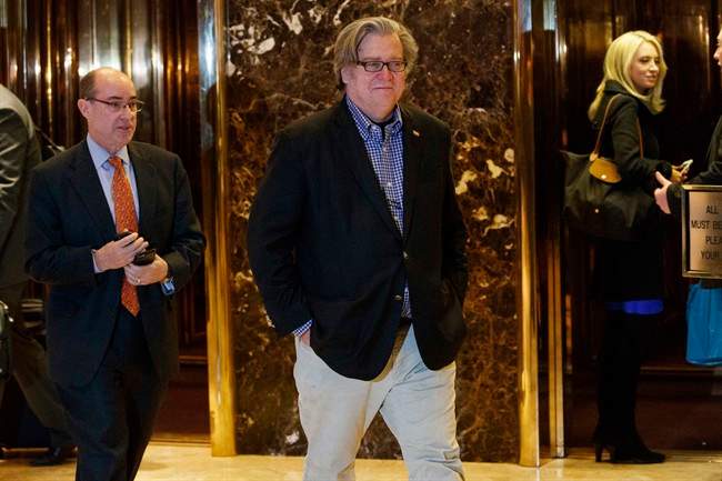 In this Friday, Nov. 11, 2016, file photo, Stephen Bannon leaves Trump Tower in New York.