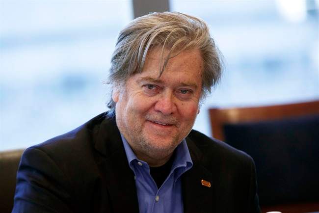 In this Oct. 7, 2016, file photo, Steve Bannon, former head of Breitbart News, appears at a national security meeting with advisors at Trump Tower in New York.