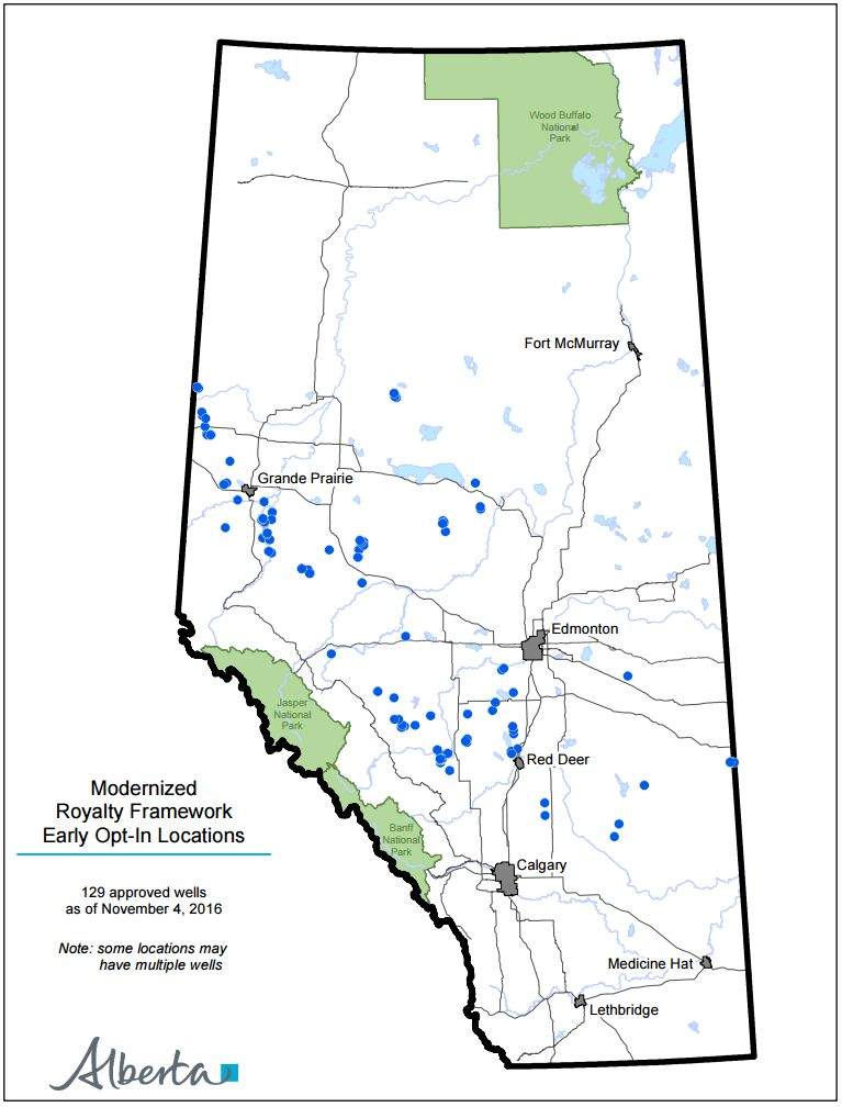 A map from the Alberta Government Ministry of Energy showing the oil and gas wells approved during the early opt-in under the modernized royalty framework.