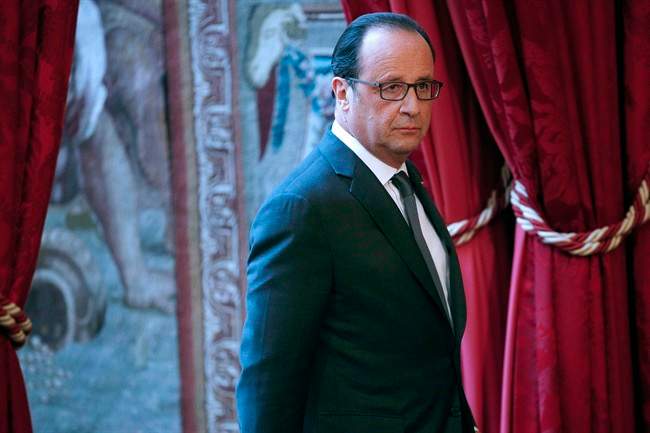 French President Francois Hollande arrives to make a statement following the results of the presidential election in the United States of America, Wednesday, Nov. 9, 2016 in Paris.(Yoan Valat, Pool via AP).