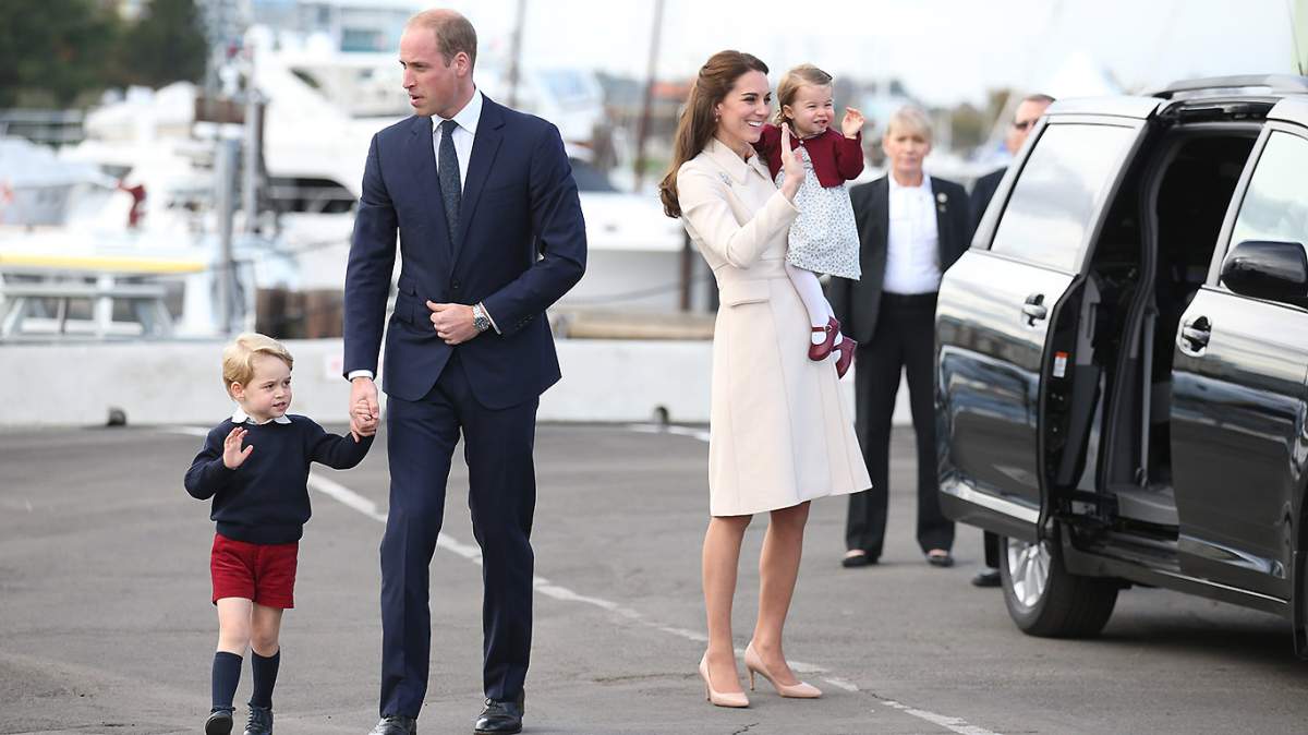 Prince William, Prince George of Cambridge, Catherine, Duchess of Cambridge and Princess Charlotte leave from Victoria Harbour.