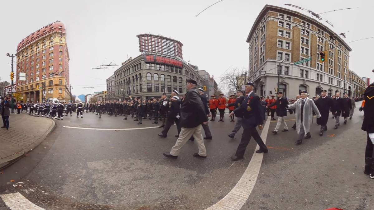View the scene surrounding the cenotaph, in Victory Square, as the bugle plays "Last Post" and watch from all angles as the 15th Field Artillery Regiment fired the 21 gun salute at Portside Park. 
