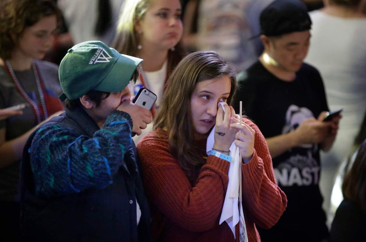 Wellesley College students and supporters of Hillary Clinton Kumari Devarajan, of Washington, left, and Diana Castillo, of Elgin, Ill,, right, wipe away tears as they watch televised election returns during a watch party on the campus of Wellesley College, Tuesday, Nov. 8, 2016, in Wellesley, Mass. Clinton graduated from Wellesley College in 1969.