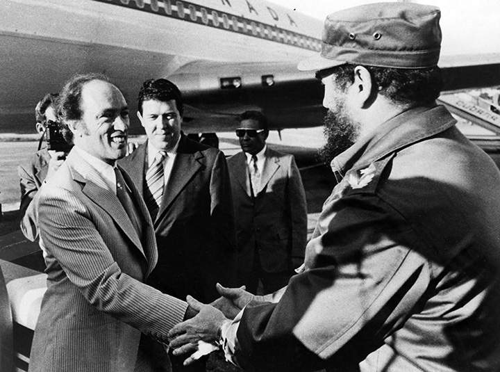 Prime Minister Pierre Trudeau is greeted by Fidel Castro after arriving in Cuba on Jan. 26, 1976.