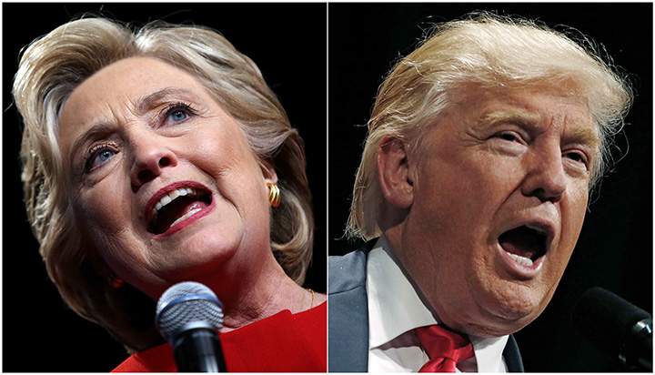 U.S. presidential candidates Hillary Clinton and Donald Trump speak at campaign rallies in Westbury, New York, U.S., September 26, 2016 and Toledo, Ohio, U.S. September 21, 2016 in a combination of file photos.  