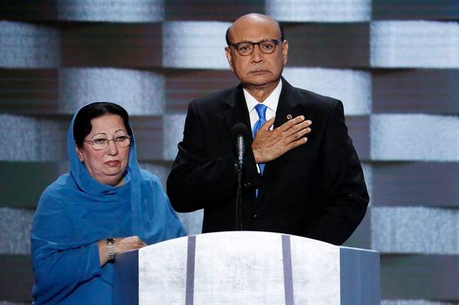  In this July 28, 2016, file photo, Khizr Khan, father of fallen Army Capt. Humayun Khan and his wife Ghazala speak during the final day of the Democratic National Convention in Philadelphia. Many Muslim Americans cringe at the way they have been portrayed by candidates during the presidential campaign, either as potential terrorists or as eyes and ears who can help counterterrorism efforts. Those descriptions have been offered by Donald Trump and Hillary Clinton, respectively. And they trouble Muslims who complain they are being pigeonholed and their concerns on other issues ignored. (AP Photo/J. Scott Applewhite, File).