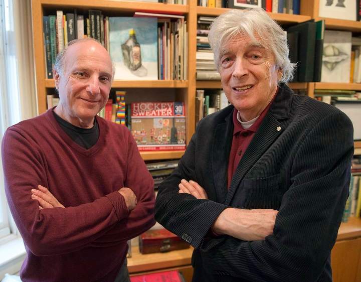 Roch Carrier, right, author of the book “The Hockey Sweater,” and illustrator Sheldon Cohen pose for photos Wednesday, November 19, 2014 in Montreal. The iconic Canadian children’s book is marking its 30th anniversary. THE CANADIAN PRESS/Ryan Remiorz