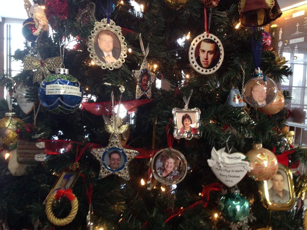 The Holy Cross tree with memorial ornaments.