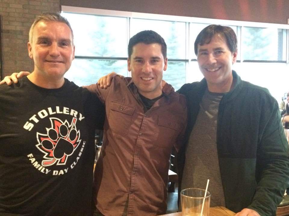 The ol' Global Sports Line. Kevin Karius, Jay Durant and John Sexsmith. Reunited and it feels so good. (That's not remnants of lunch on my upper lip. Just a slow growin' Mo.).