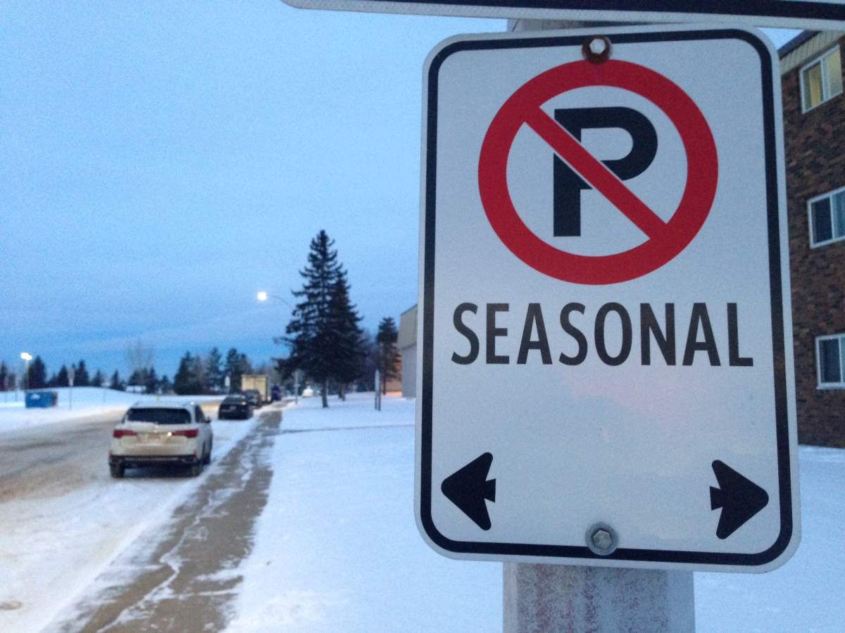 A seasonal parking ban sign in Edmonton.