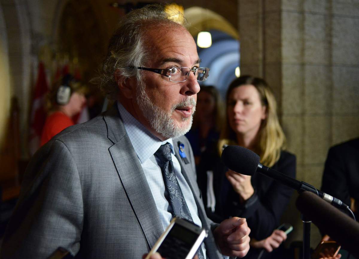 Bloc Interim Leader Rheal Fortin scrums with media in Ottawa on Thursday, Sept. 22, 2016.