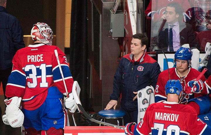 Montreal Canadiens goaltender Carey Price looks back towards the bench after being pulled from the game during second period NHL hockey action against the San Jose Sharks in Montreal, Friday, December 16, 2016.