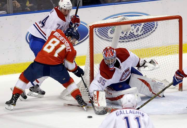 Montreal Canadiens goalie Al Montoya (35) stops a shot by Florida Panthers center Jonathan Marchessault (81) during the first period of an NHL hockey game, Thursday, Dec. 29, 2016, in Sunrise, Fla.