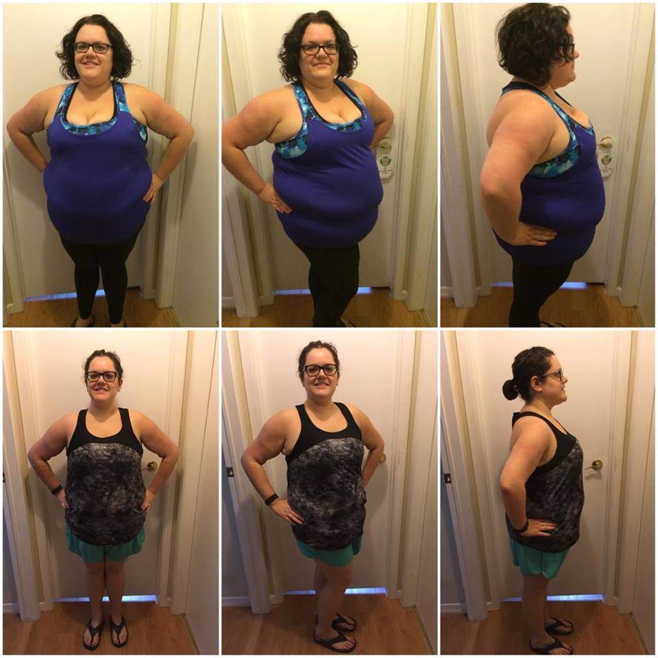 The top photos are from April, the bottom are from December. So far, Michaela has lost 66 pounds.