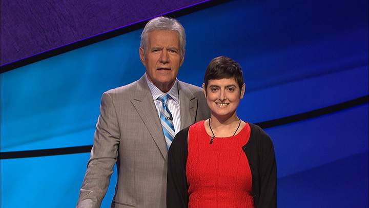 Jeopardy! host Alex Trebek with game show contestant Cindy Stowell.