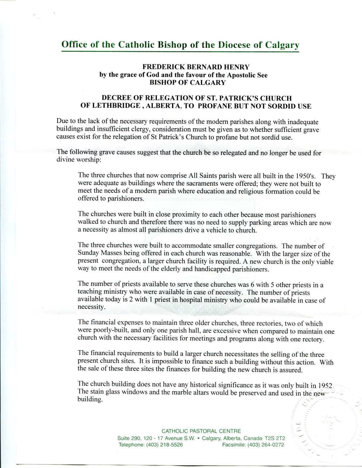 Page one of the Decree of Relegation of St. Patrick’s Church of Lethbridge, Alta., to profane but not sordid use from Calgary Bishop Henry.