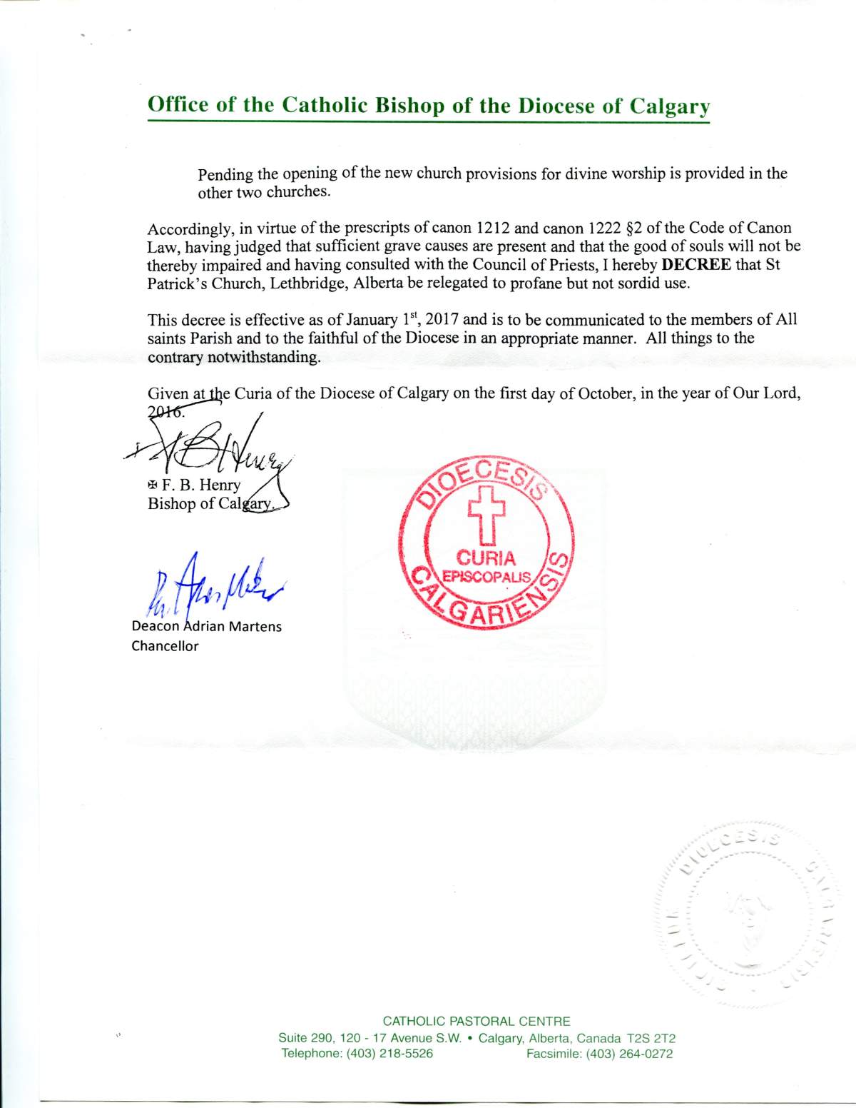 Page two of the Decree of Relegation of St. Patrick’s Church of Lethbridge, Alta., to profane but not sordid use from Calgary Bishop Henry.