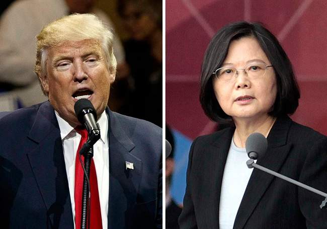 This combination of two photos shows U.S. President-elect Donald Trump, left, speaking during a "USA Thank You" tour event in Cincinatti Thursday, Dec. 1, 2016, and Taiwan's President Tsai Ing-wen, delivering a speech during National Day celebrations in Taipei, Taiwan, Monday, Oct. 10, 2016.