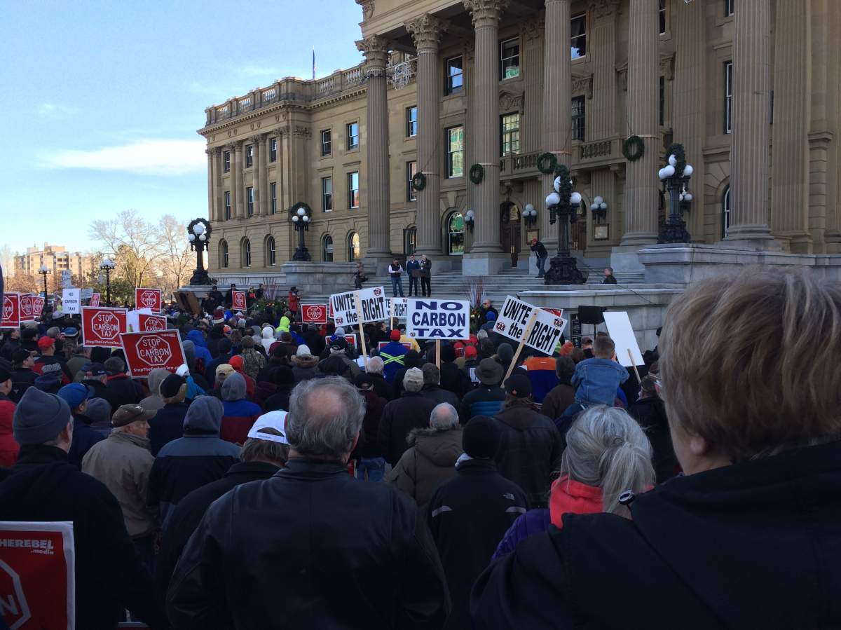 Several hundred people gathered for an anti-carbon tax rally at the Alberta legislature on Saturday, which was organized by conservative  news organization Rebel Media. December 3, 2016.
